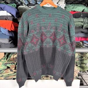 HARDWOOD & PINE Mens Sweater L‎ Green Burgundy Geometric Knit Acrylic